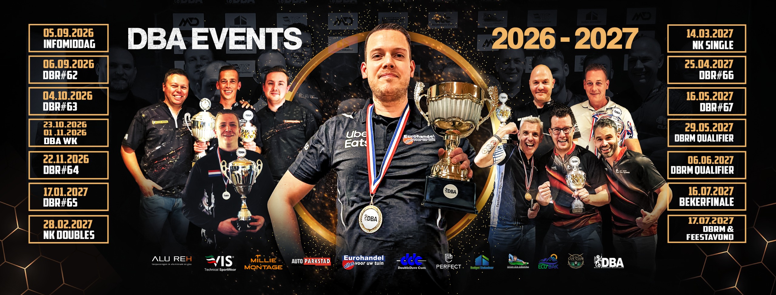 DBA Events 2026-2027 calendar banner with pool champions and event dates